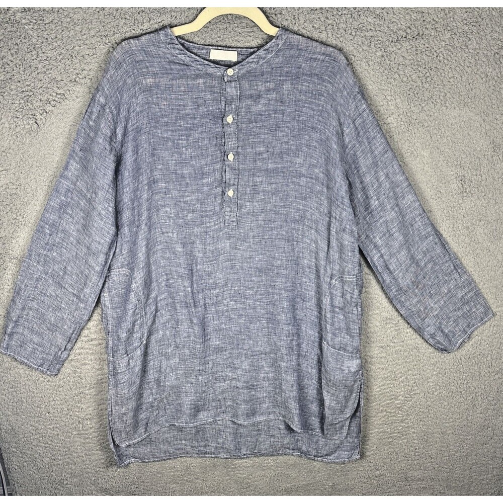 CP Shades Shirt Dress Small Blue Chambray 100% Linen Button Down Midi LS Boho